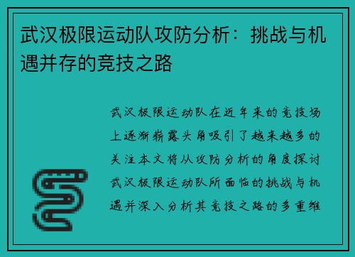 武汉极限运动队攻防分析：挑战与机遇并存的竞技之路